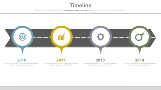 Roadmap With Year Based Timeline And Icons Powerpoint Slides