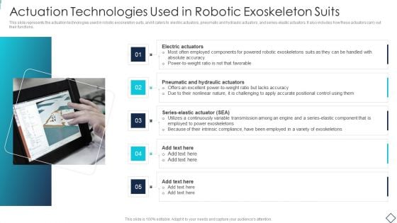 Robotic Armor IT Actuation Technologies Used In Robotic Exoskeleton Suits Template PDF