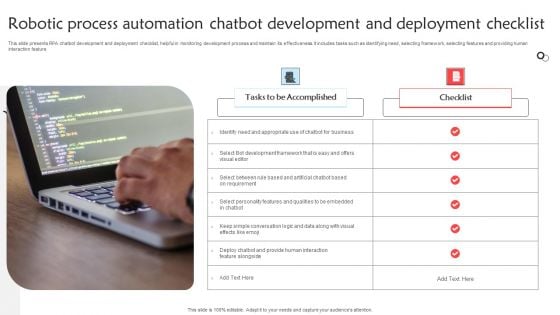 Robotic Process Automation Chatbot Development And Deployment Checklist Formats PDF Robotic Process Automation Chatbot Development And Deployment Checklist Formats PDF