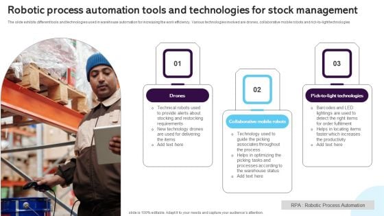 Robotic Process Automation Tools And Technologies For Stock Management Infographics PDF