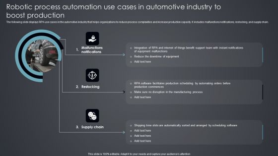 Robotic Process Automation Use Cases In Automotive Industry To Boost Production Slides PDF