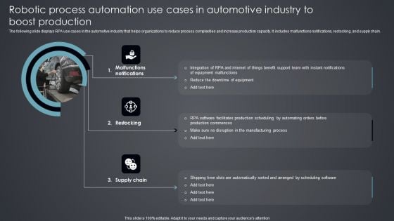 Robotic Process Automation Use Cases In Automotive Industry To Boost Production Slides PDF Robotic Process Automation Use Cases In Automotive Industry To Boost Production Slides PDF