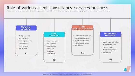 Role Of Various Client Consultancy Services Business Ppt Model Outline PDF