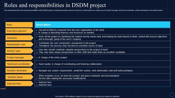 Roles And Responsibilities In Dsdm Project Software Development Approaches Ideas PDF