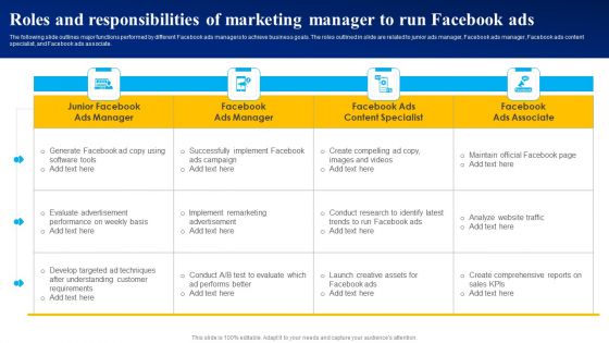 Roles And Responsibilities Of Marketing Manager To Run Facebook Ads Sample PDF