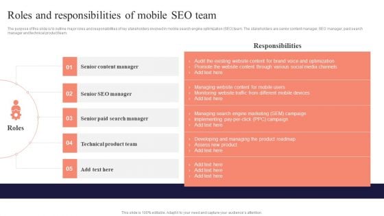 Roles And Responsibilities Of Mobile SEO Team Performing Mobile SEO Audit To Analyze Web Traffic Information PDF