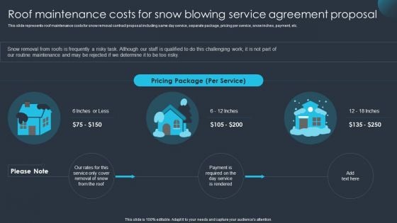 Roof Maintenance Costs For Snow Blowing Service Agreement Proposal Summary PDF