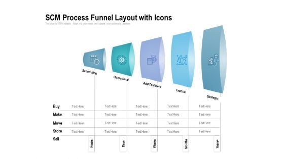 SCM Process Funnel Layout With Icons Ppt PowerPoint Presentation Outline Background Designs