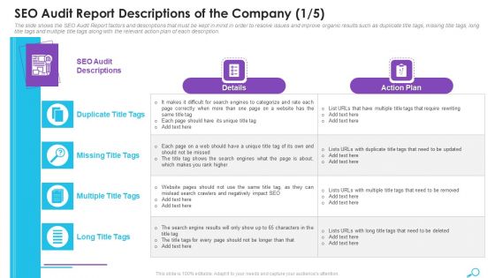 SEO Audit Report Descriptions Of The Company Audit Ppt Outline Layout PDF