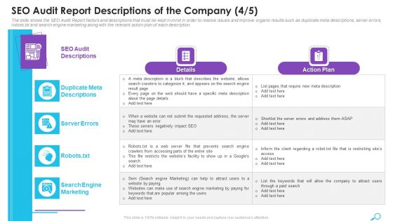 SEO Audit Report Descriptions Of The Company Errors Ppt Infographics Microsoft PDF