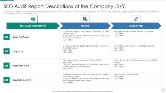 SEO Audit Report Descriptions Of The Company Wd Ppt Styles Layout Ideas PDF