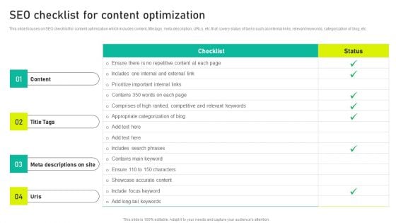 SEO Checklist For Content Optimization Ppt Example 2015 PDF