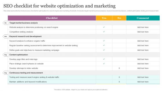 SEO Checklist For Website Optimization And Marketing Ppt Icon Examples PDF