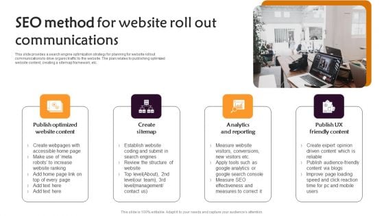 SEO Method For Website Roll Out Communications Icons PDF