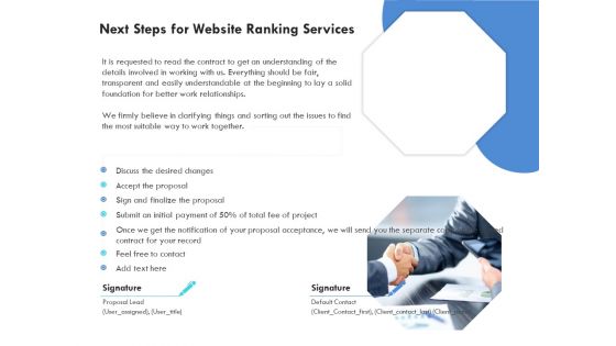 SEO Proposal Template Next Steps For Website Ranking Services Ppt PowerPoint Presentation Styles Graphics Download PDF