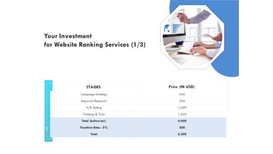 SEO Proposal Template Your Investment For Website Ranking Services Price Ppt PowerPoint Presentation Professional Brochure PDF