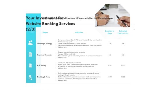 SEO Proposal Template Your Investment For Website Ranking Services Strategy Ppt PowerPoint Presentation Infographic Template Portfolio PDF SEO Proposal Template Your Investment For Website Ranking Services Strategy Ppt PowerPoint Presentation Infographic Template Portfolio PDF