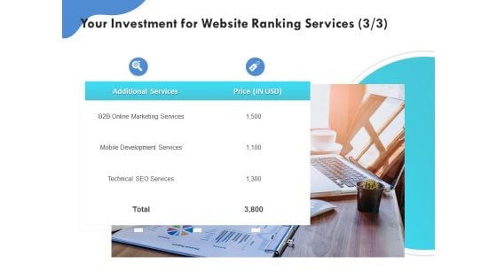 SEO Proposal Template Your Investment For Website Ranking Services Technical Ppt PowerPoint Presentation Styles Templates PDF