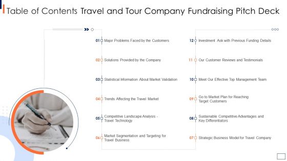 Table Of Contents Travel And Tour Company Fundraising Pitch Deck Sample PDF