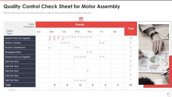 Quality Assurance Templates Set 1 Quality Control Check Sheet For Motor Assembly Ppt Outline Samples PDF