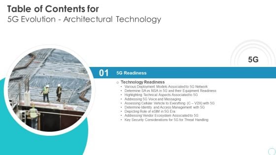 Table Of Contents For 5G Evolution Architectural Technology Slide Pictures PDF