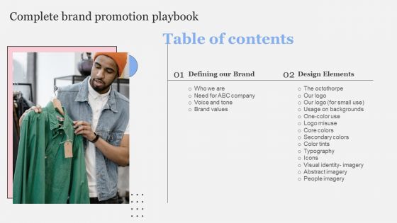 Table Of Contents Complete Brand Promotion Playbook Information PDF