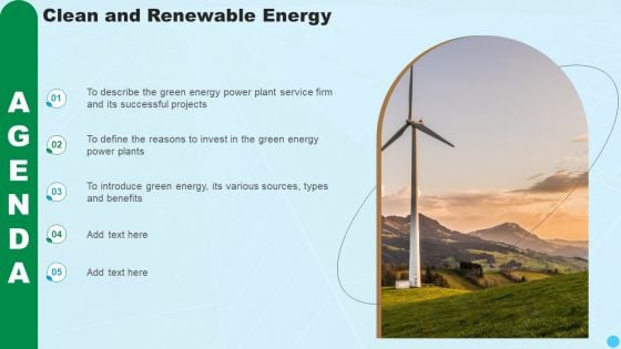 Agenda Clean And Renewable Energy Ppt PowerPoint Presentation Summary Graphics Download PDF