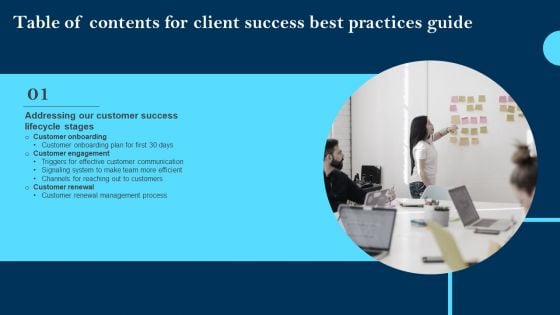 Table Of Contents For Client Success Best Practices Guide Slide Pictures PDF