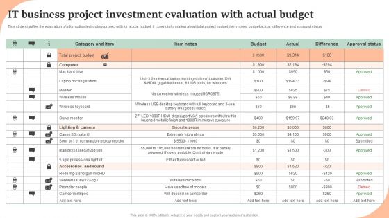 IT Business Project Investment Evaluation With Actual Budget Ideas PDF