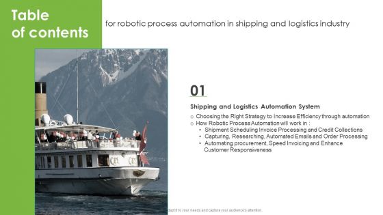 Table Of Contents For Robotic Process Automation In Shipping And Logistics Industry Structure PDF Table Of Contents For Robotic Process Automation In Shipping And Logistics Industry Structure PDF