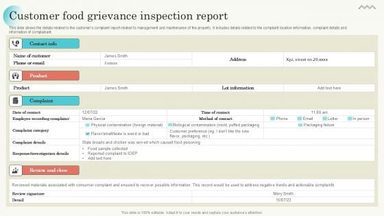 Customer Food Grievance Inspection Report Portrait PDF Customer Food Grievance Inspection Report Portrait PDF