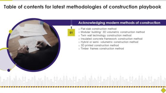 Table Of Contents For Latest Methodologies Of Construction Playbook Graphics PDF