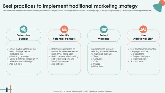 Best Practices To Implement Traditional Marketing Strategy Graphics PDF