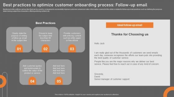 Best Practices To Optimize Customer Onboarding Process Follow Up Email Designs PDF