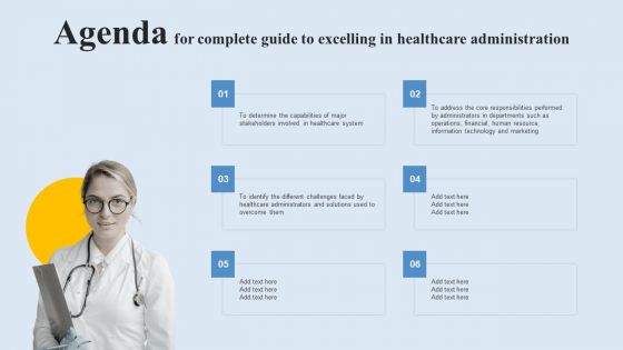 Agenda For Complete Guide To Excelling In Healthcare Administration Slides PDF