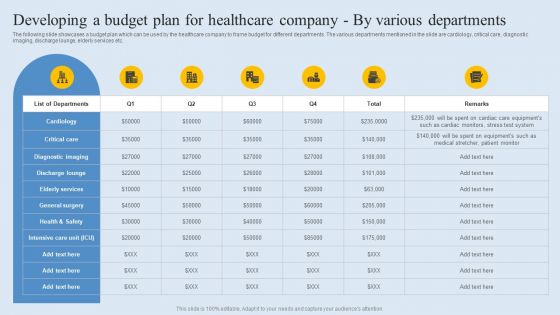 Developing A Budget Plan For Healthcare Company By Various Departments Portrait PDF