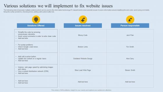 Various Solutions We Will Implement To Fix Website Issues Portrait PDF