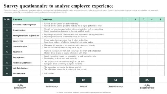 Survey Questionnaire To Analyse Employee Experience Template PDF