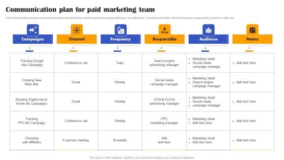 Execution Of Effective Paid Media Advertising Strategies Communication Plan For Paid Marketing Team Introduction PDF Execution Of Effective Paid Media Advertising Strategies Communication Plan For Paid Marketing Team Introduction PDF