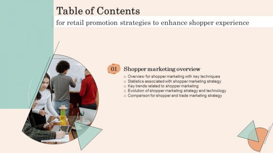 Retail Promotion Strategies To Enhance Shopper Tables Of Content Infographics PDF Retail Promotion Strategies To Enhance Shopper Tables Of Content Infographics PDF
