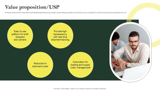 Value Proposition USP Logistic Company Investor Fund Raising Pitch Deck Formats PDF