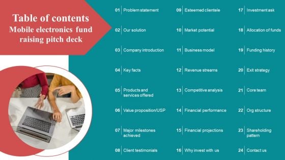 Table Of Contents Mobile Electronics Fund Raising Pitch Deck Clipart PDF Table Of Contents Mobile Electronics Fund Raising Pitch Deck Clipart PDF