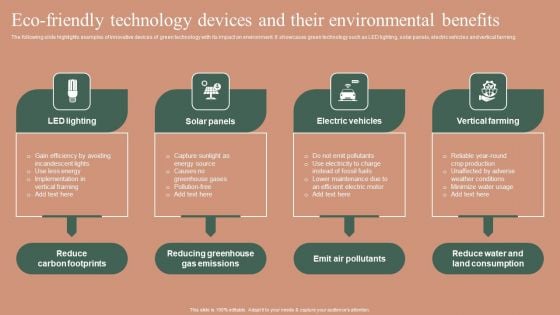 Eco Friendly Technology Devices And Their Environmental Benefits Demonstration PDF