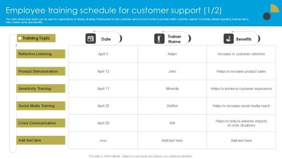 Service Strategy Guide To Maximize Customer Experience Employee Training Schedule For Customer Support Brochure PDF