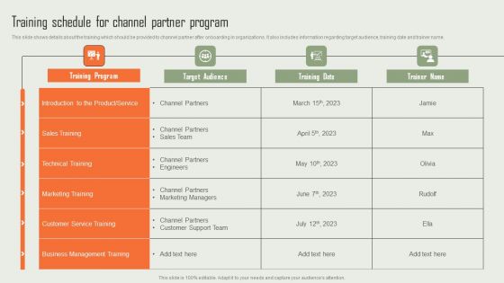 Product Marketing And Sales Expansion Through Channel Training Schedule For Channel Partner Program Brochure PDF