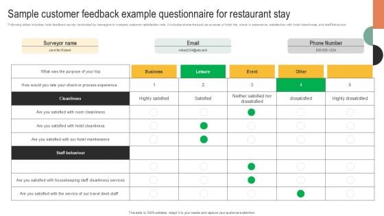 Sample Customer Feedback Example Questionnaire For Restaurant Stay Survey SS