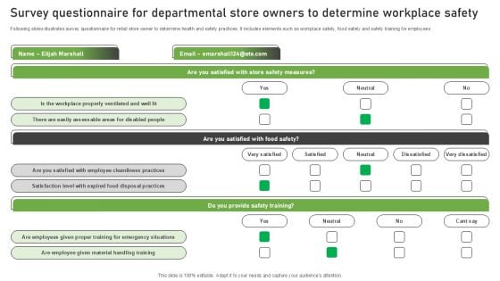 Survey Questionnaire For Departmental Store Owners To Determine Workplace Safety Survey SS