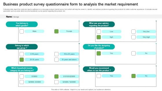 Business Product Survey Questionnaire Form To Analysis The Market Requirement Survey SS
