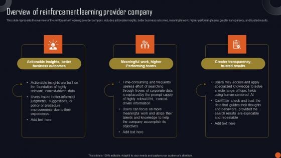 Reinforcement Learning Principles And Techniques Overview Reinforcement Learning Provider Company Inspiration PDF