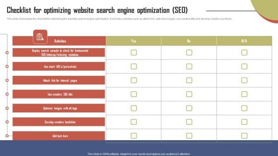 Checklist For Optimizing Website Search Engine Optimization Effective Travel Marketing Guide For Improving Summary PDF